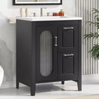 MAYEERTY Meuble-lavabo de salle de bain 24 po avec évier 2 tiroirs 1 porte Étagère réglable Bois massif MDF Noir