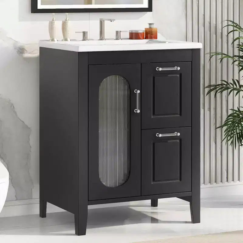 MAYEERTY Meuble-lavabo de salle de bain 24 po avec évier 2 tiroirs 1 porte Étagère réglable Bois massif MDF Noir