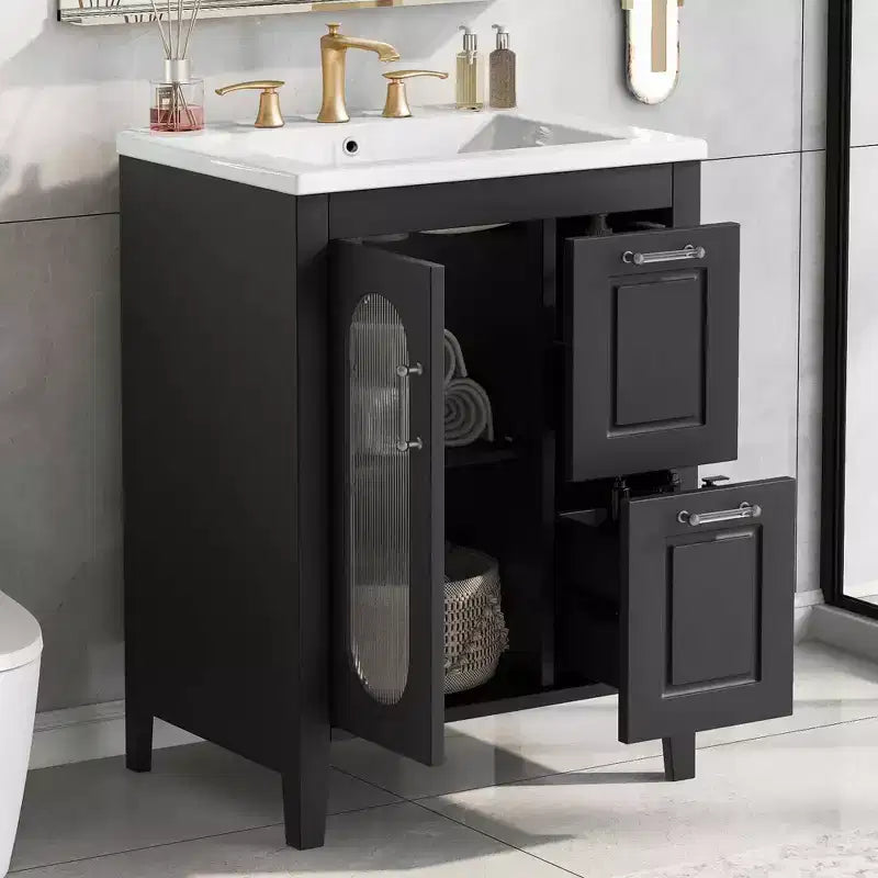 MAYEERTY Meuble-lavabo de salle de bain 24 po avec évier 2 tiroirs 1 porte Étagère réglable Bois massif MDF Noir