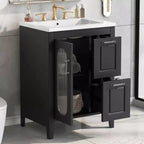 MAYEERTY Meuble-lavabo de salle de bain 24 po avec évier 2 tiroirs 1 porte Étagère réglable Bois massif MDF Noir
