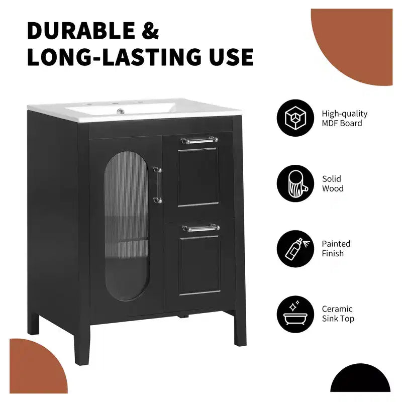 MAYEERTY Meuble-lavabo de salle de bain 24 po avec évier 2 tiroirs 1 porte Étagère réglable Bois massif MDF Noir