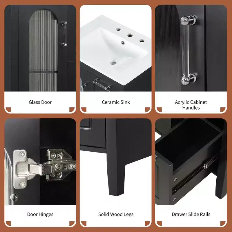MAYEERTY Meuble-lavabo de salle de bain 24 po avec évier 2 tiroirs 1 porte Étagère réglable Bois massif MDF Noir