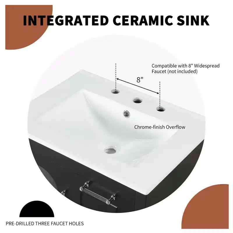 MAYEERTY Meuble-lavabo de salle de bain 24 po avec évier 2 tiroirs 1 porte Étagère réglable Bois massif MDF Noir