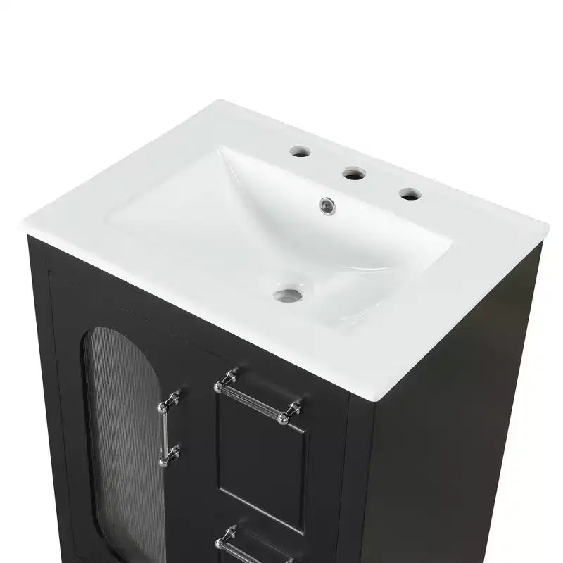 MAYEERTY Meuble-lavabo de salle de bain 24 po avec évier 2 tiroirs 1 porte Étagère réglable Bois massif MDF Noir