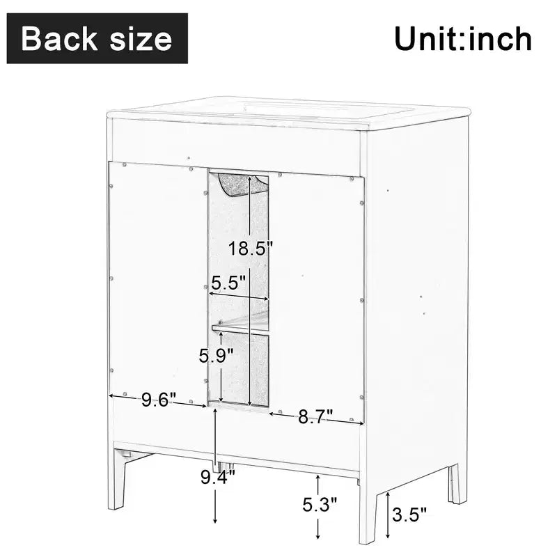 MAYEERTY Meuble-lavabo de salle de bain 24 po avec évier 2 tiroirs 1 porte Étagère réglable Bois massif MDF Noir
