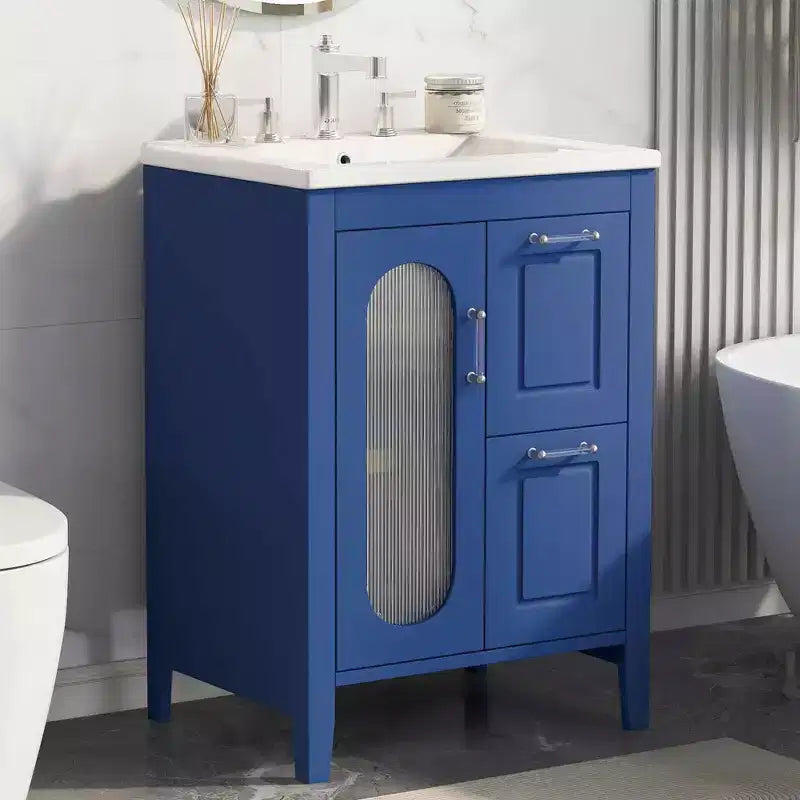 MAYEERTY Meuble-lavabo de salle de bain 24 po avec évier 2 tiroirs 1 porte Étagère réglable Bois massif MDF Noir