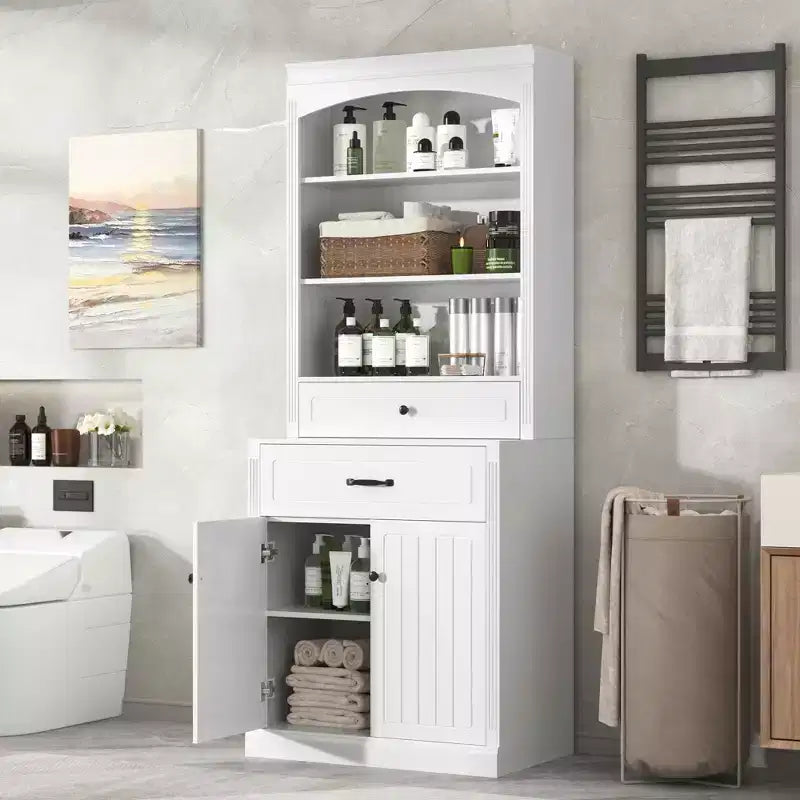 MAYEERTY Meuble de salle de bain blanc 4 portes Tiroirs Étagère réglable 6 étagères ouvertes Combo MDF