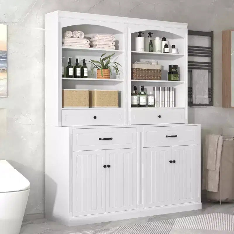 MAYEERTY Meuble de salle de bain blanc 4 portes Tiroirs Étagère réglable 6 étagères ouvertes Combo MDF