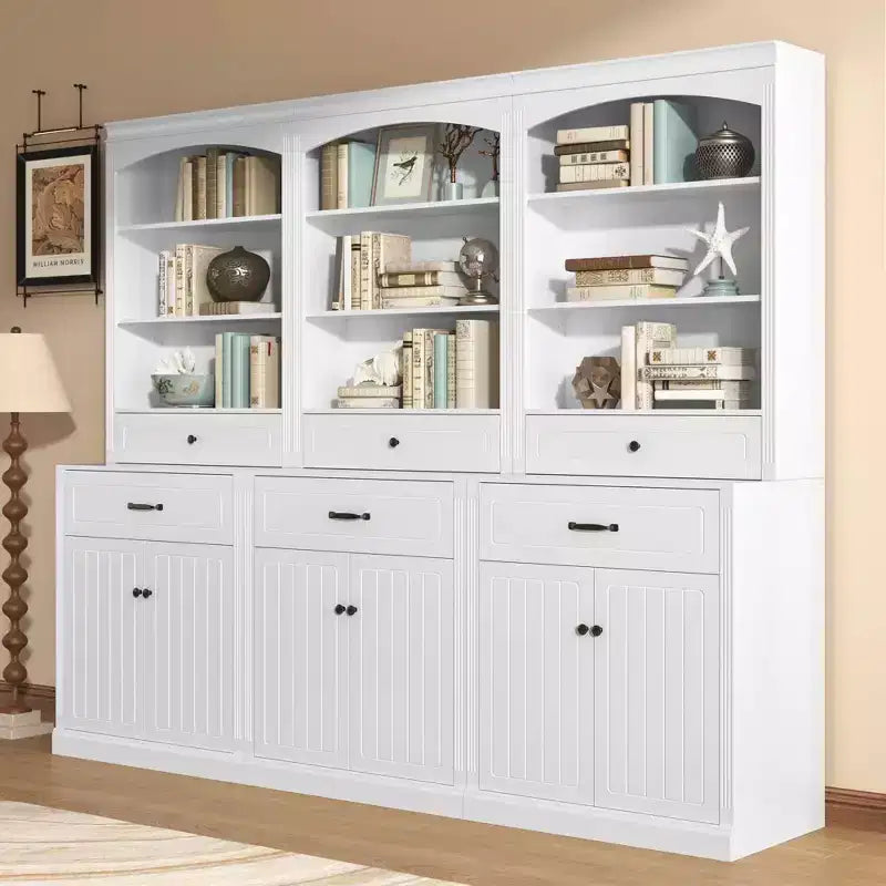 MAYEERTY Meuble de salle de bain blanc 4 portes Tiroirs Étagère réglable 6 étagères ouvertes Combo MDF