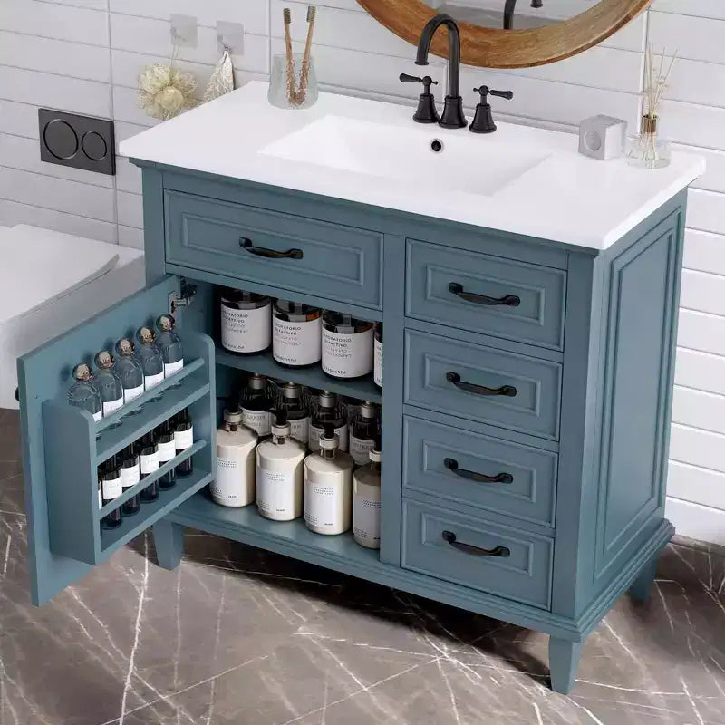 Meuble-lavabo de salle de bain MAYEERTY 36, dessus en céramique, armoire en bois massif et MDF de peuplier, tiroirs basculants, étagères réglables, poignées en zinc