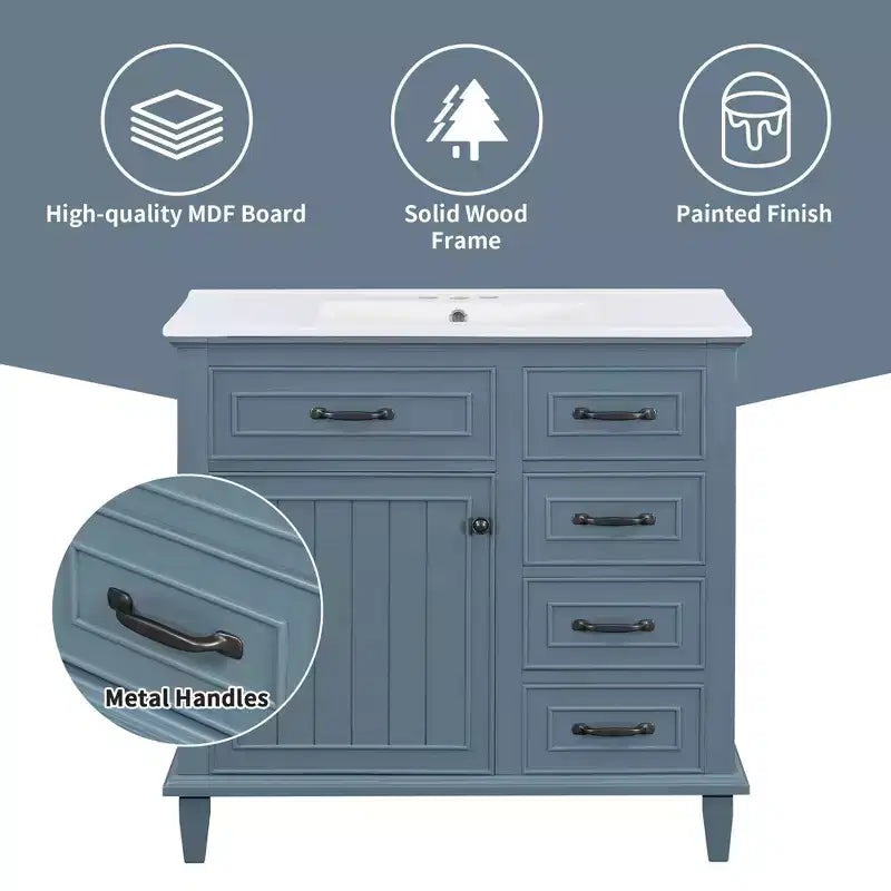 Meuble-lavabo de salle de bain MAYEERTY 36, dessus en céramique, armoire en bois massif et MDF de peuplier, tiroirs basculants, étagères réglables, poignées en zinc