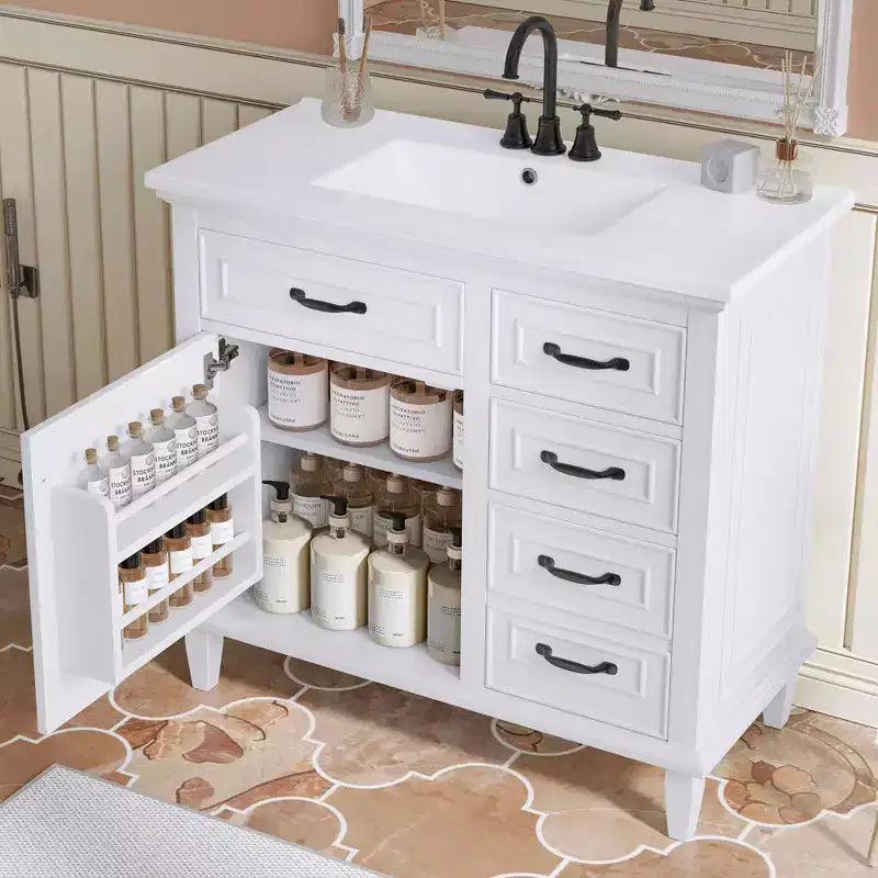 Meuble-lavabo de salle de bain MAYEERTY 36, dessus en céramique, armoire en bois massif et MDF de peuplier, tiroirs basculants, étagères réglables, poignées en zinc