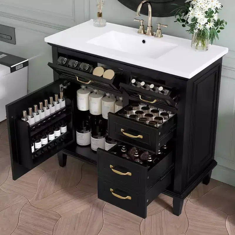 Meuble-lavabo de salle de bain MAYEERTY 36, dessus en céramique, armoire en bois massif et MDF de peuplier, tiroirs basculants, étagères réglables, poignées en zinc