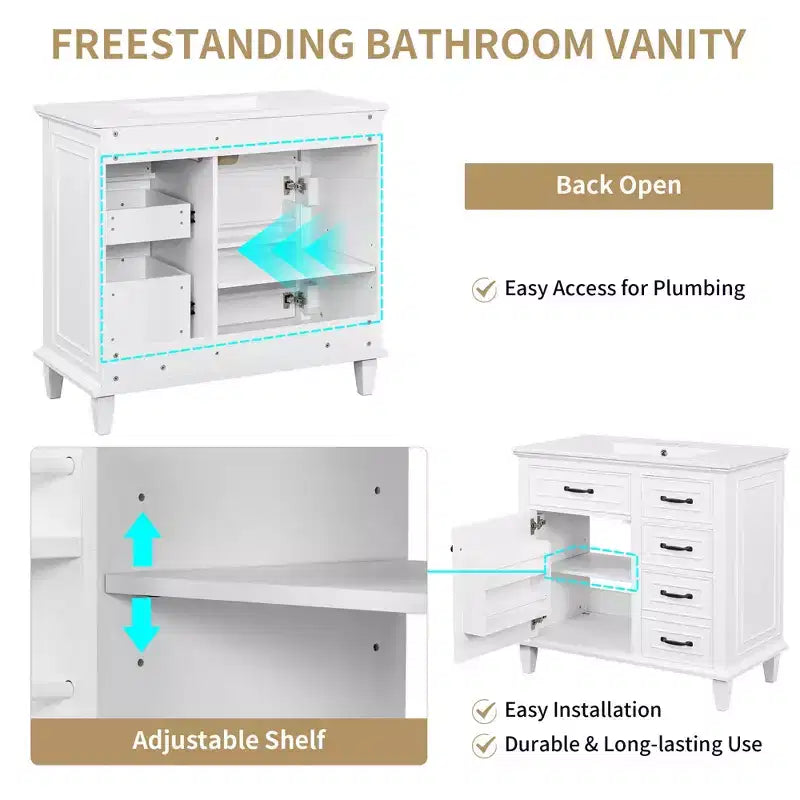 Meuble-lavabo de salle de bain MAYEERTY 36, dessus en céramique, armoire en bois massif et MDF de peuplier, tiroirs basculants, étagères réglables, poignées en zinc