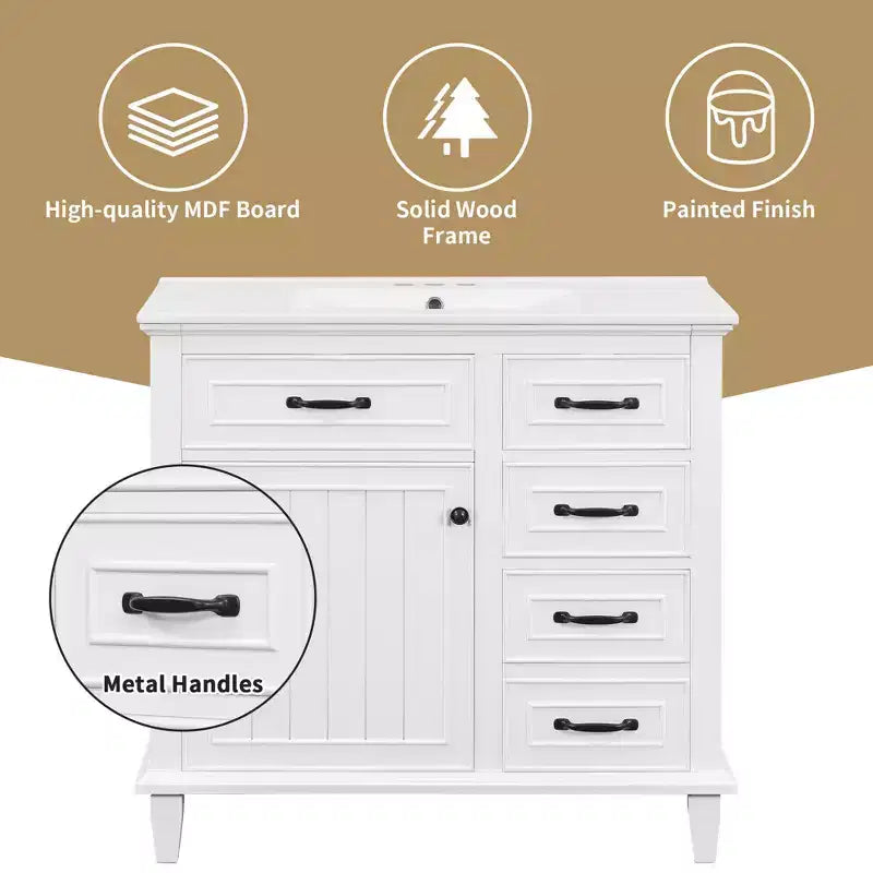 Meuble-lavabo de salle de bain MAYEERTY 36, dessus en céramique, armoire en bois massif et MDF de peuplier, tiroirs basculants, étagères réglables, poignées en zinc