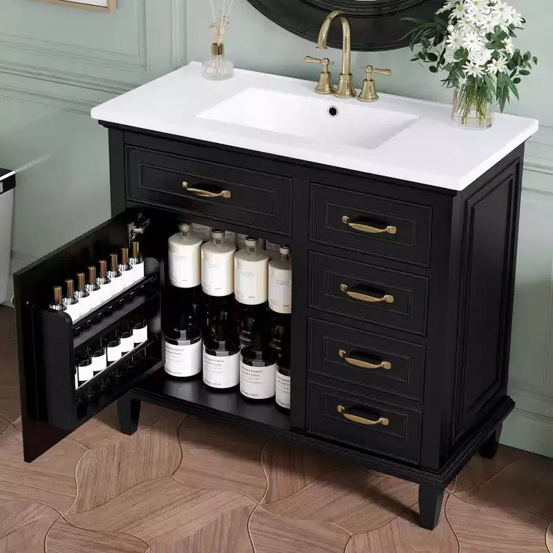 Meuble-lavabo de salle de bain MAYEERTY 36, dessus en céramique, armoire en bois massif et MDF de peuplier, tiroirs basculants, étagères réglables, poignées en zinc