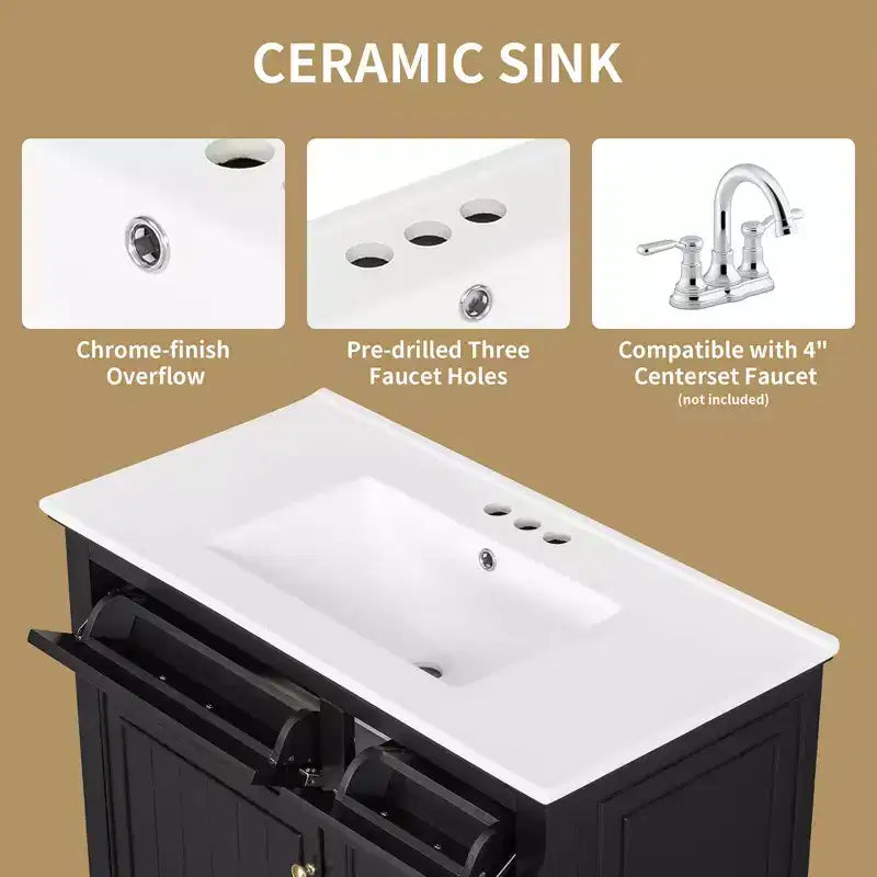 Meuble-lavabo de salle de bain MAYEERTY 36, dessus en céramique, armoire en bois massif et MDF de peuplier, tiroirs basculants, étagères réglables, poignées en zinc