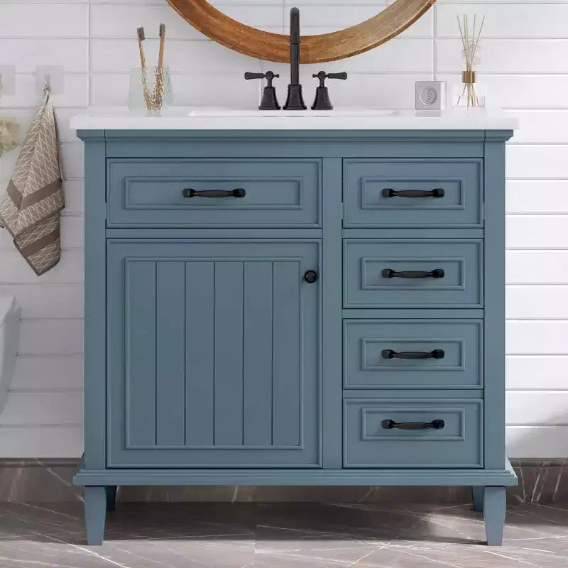 Meuble-lavabo de salle de bain MAYEERTY 36, dessus en céramique, armoire en bois massif et MDF de peuplier, tiroirs basculants, étagères réglables, poignées en zinc