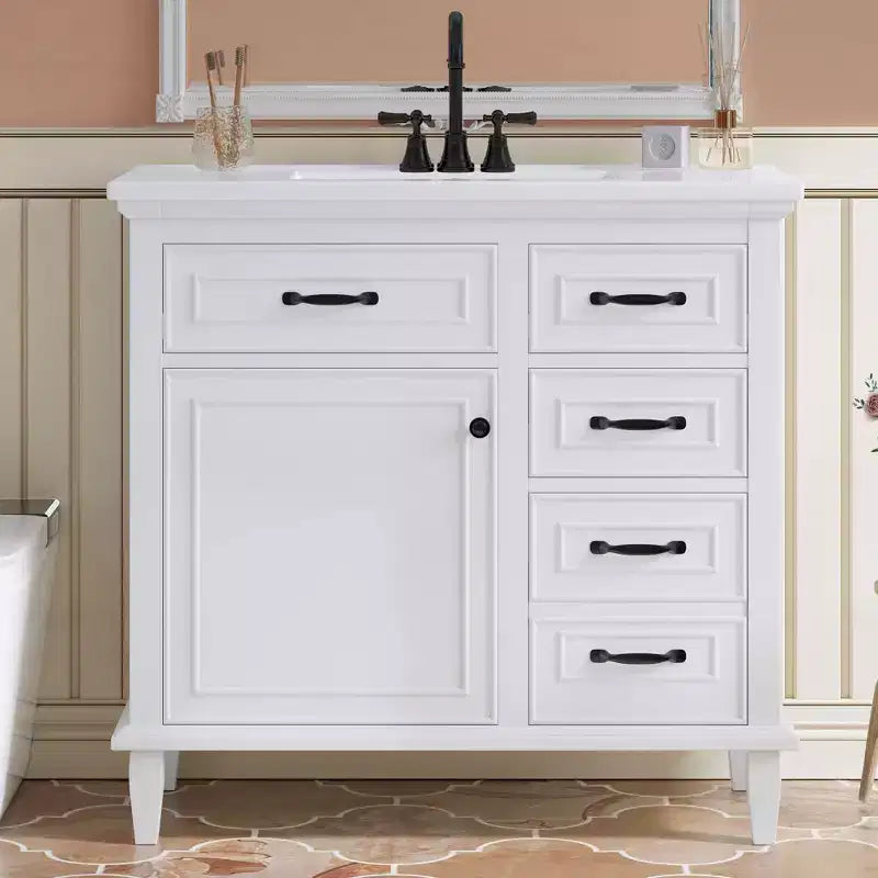 Meuble-lavabo de salle de bain MAYEERTY 36, dessus en céramique, armoire en bois massif et MDF de peuplier, tiroirs basculants, étagères réglables, poignées en zinc