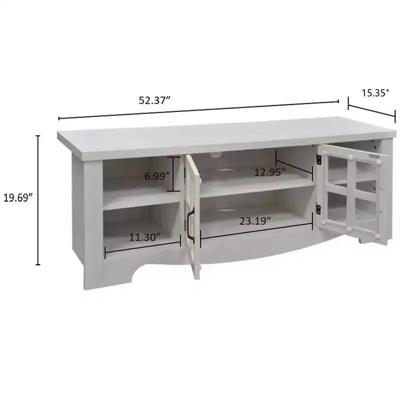 Meuble TV en bois AndMakers de 132,08 cm avec 1 armoire de rangement vitrée pour téléviseurs jusqu'à 152,4 cm.