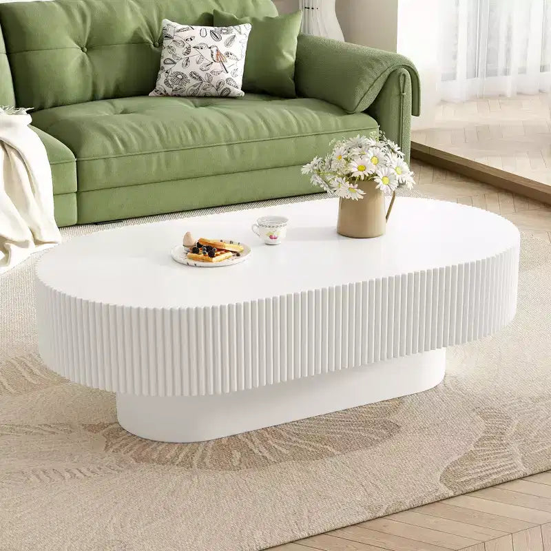 Table basse en bois cannelé, table d'appoint tambour moderne, table basse ovale avec base robuste pour salon