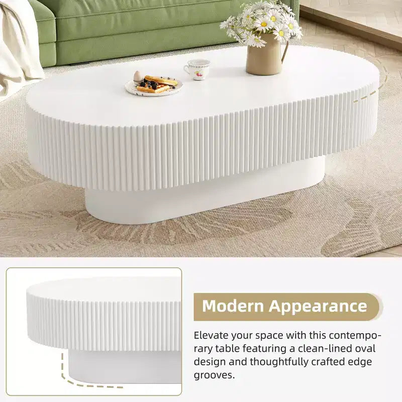 Table basse en bois cannelé, table d'appoint tambour moderne, table basse ovale avec base robuste pour salon