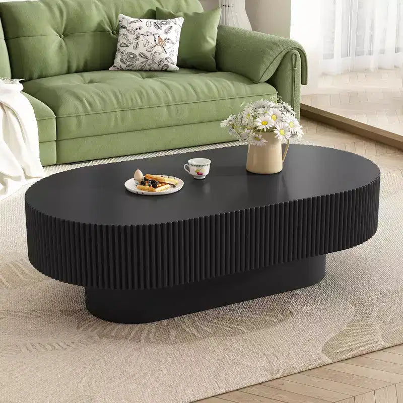 Table basse en bois cannelé, table d'appoint tambour moderne, table basse ovale avec base robuste pour salon