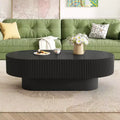 Wood Fluted Coffee Table, Modern Drum End Table, Oval Center Table with Sturdy Base for Living Room