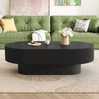 Wood Fluted Coffee Table, Modern Drum End Table, Oval Center Table with Sturdy Base for Living Room