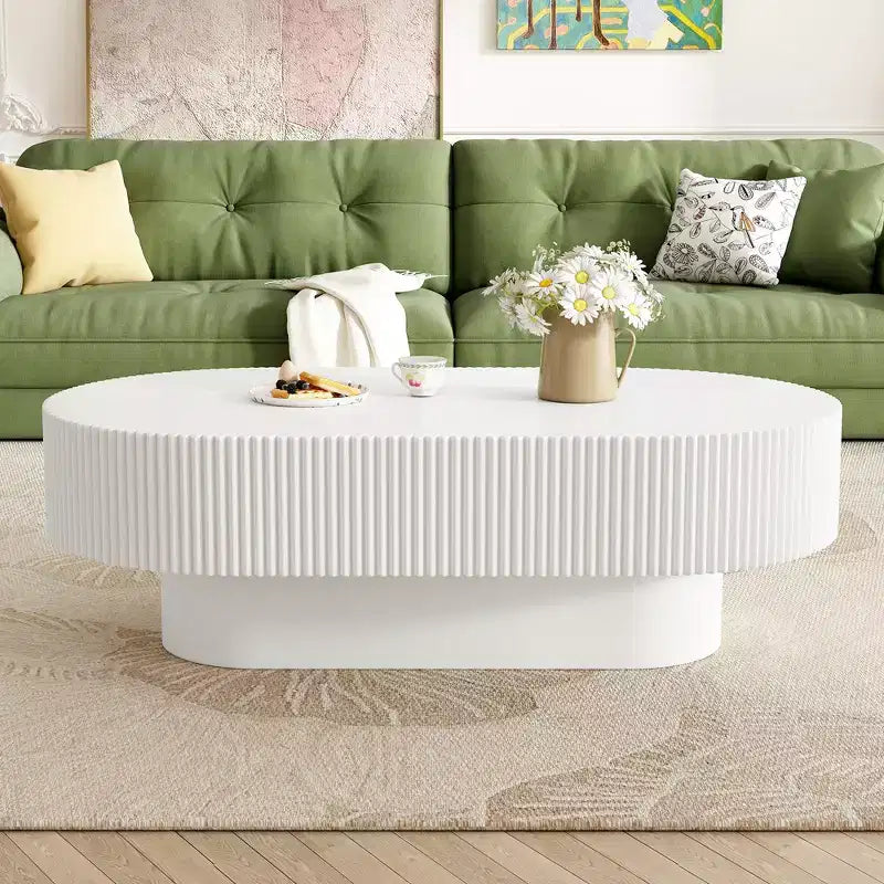 Table basse en bois cannelé, table d'appoint tambour moderne, table basse ovale avec base robuste pour salon
