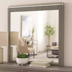 Royal Hampton Dresser Mirror, 38 Inch Light Gray Wood, Reeded Design, Silver Accents