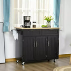 Îlot de cuisine mobile avec rangement, Desserte de cuisine avec plateau en bois, Tiroirs de rangement, Armoires à 3 portes, Étagères réglables et Porte-serviettes
