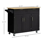 Îlot de cuisine mobile avec rangement, Desserte de cuisine avec plateau en bois, Tiroirs de rangement, Armoires à 3 portes, Étagères réglables et Porte-serviettes