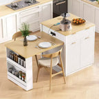 Îlot de cuisine cannelé blanc de 2,10 m avec table de salle à manger extensible pour 4 à 6 personnes, îlot de cuisine pour salle à manger