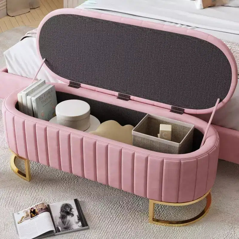 TUYOHW 59 Pouf de rangement en velours avec plateau capitonné, banc ottoman rembourré en bout de lit avec pieds en métal, pouf pour chambre à coucher, salon, entrée