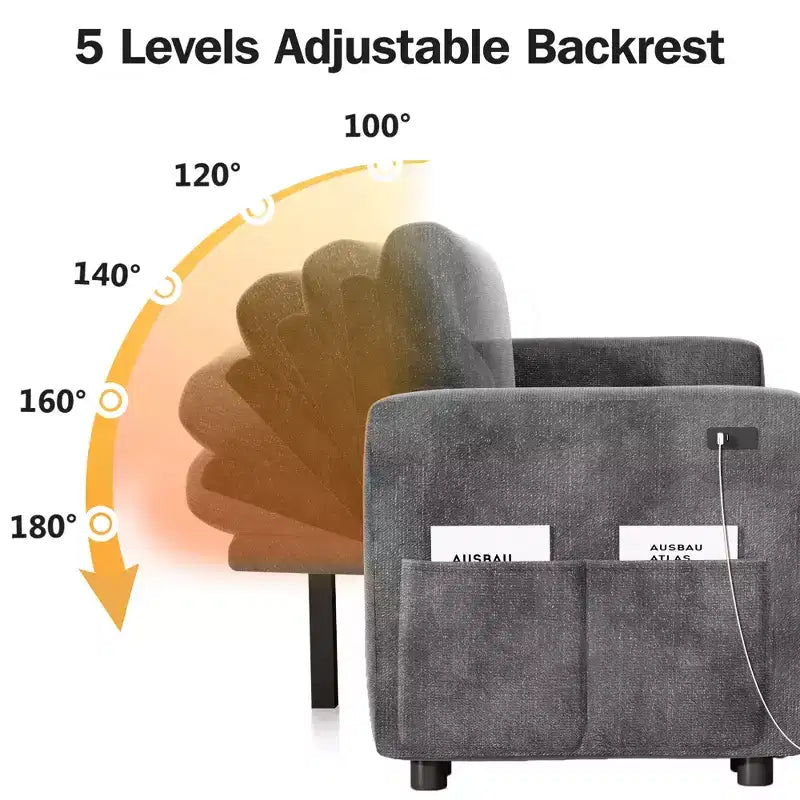 Canapé d'angle convertible Dyonery 105 avec lit gigogne, canapé-lit en U avec dossier inclinable/USB, assemblage sans outils, velours côtelé gris