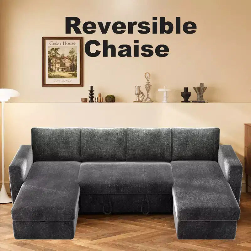 Canapé d'angle convertible Dyonery 105 avec lit gigogne, canapé-lit en U avec dossier inclinable/USB, assemblage sans outils, velours côtelé gris