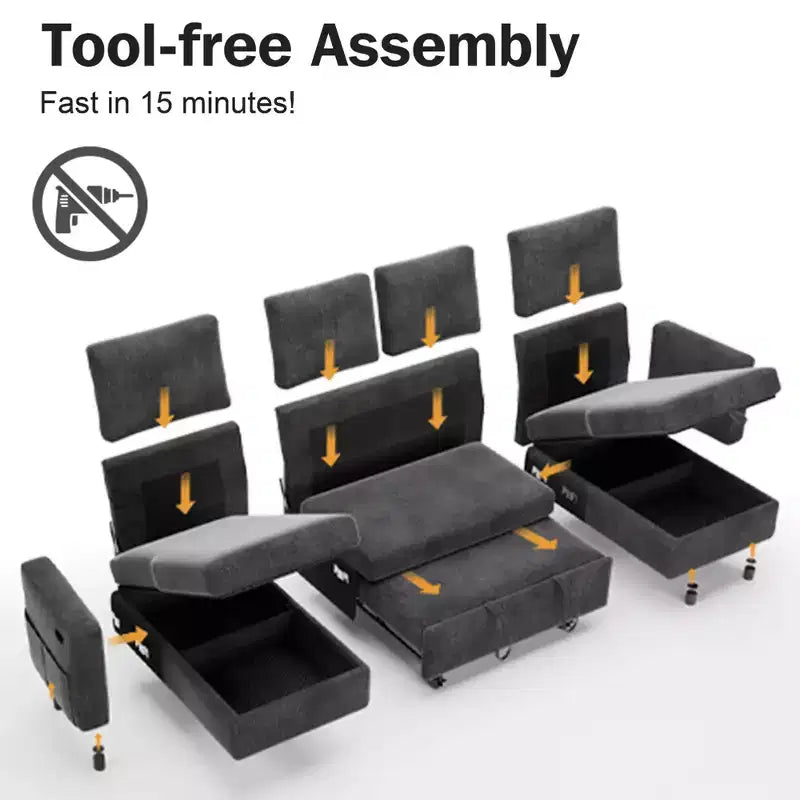 Canapé d'angle convertible Dyonery 105 avec lit gigogne, canapé-lit en U avec dossier inclinable/USB, assemblage sans outils, velours côtelé gris