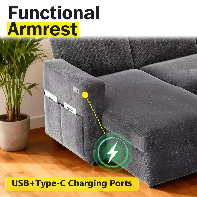 Canapé d'angle convertible Dyonery 105 avec lit gigogne, canapé-lit en U avec dossier inclinable/USB, assemblage sans outils, velours côtelé gris