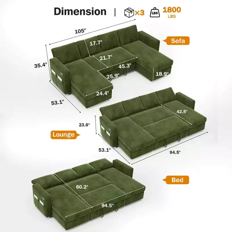 Canapé d'angle convertible Dyonery 105 avec lit gigogne, canapé-lit en U avec dossier inclinable/USB, assemblage sans outils, velours côtelé gris
