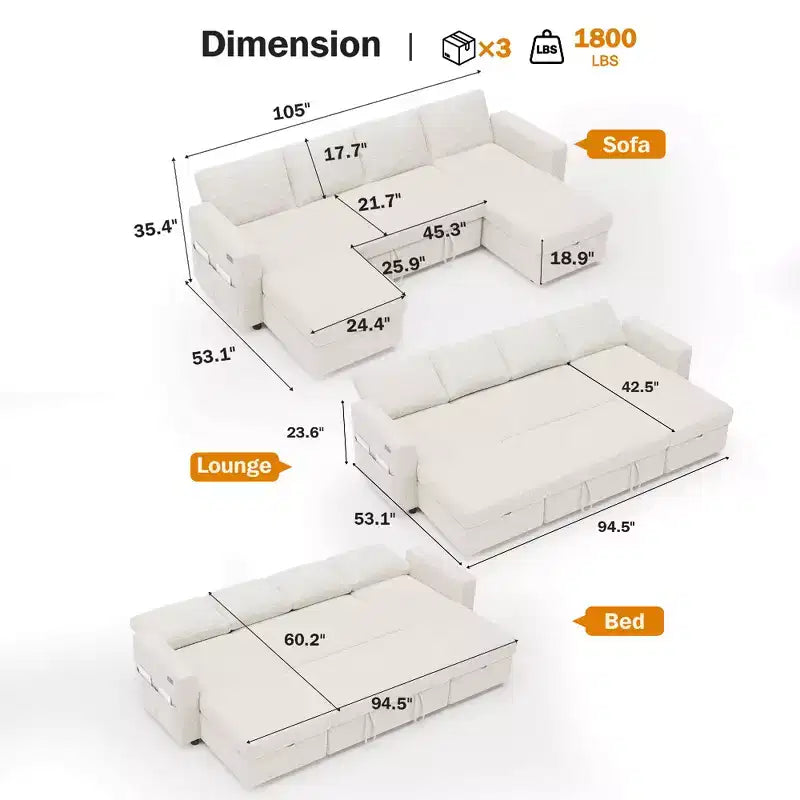 Canapé d'angle convertible Dyonery 105 avec lit gigogne, canapé-lit en U avec dossier inclinable/USB, assemblage sans outils, velours côtelé gris