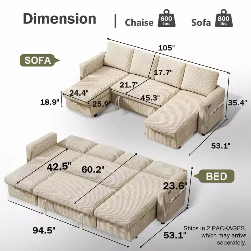Canapé d'angle convertible Dyonery 105 avec lit gigogne, canapé-lit en U avec dossier inclinable/USB, assemblage sans outils, velours côtelé gris