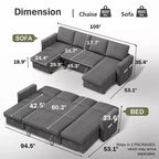 Canapé d'angle convertible Dyonery 105 avec lit gigogne, canapé-lit en U avec dossier inclinable/USB, assemblage sans outils, velours côtelé gris