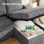 Canapé d'angle convertible Dyonery 105 avec lit gigogne, canapé-lit en U avec dossier inclinable/USB, assemblage sans outils, velours côtelé gris