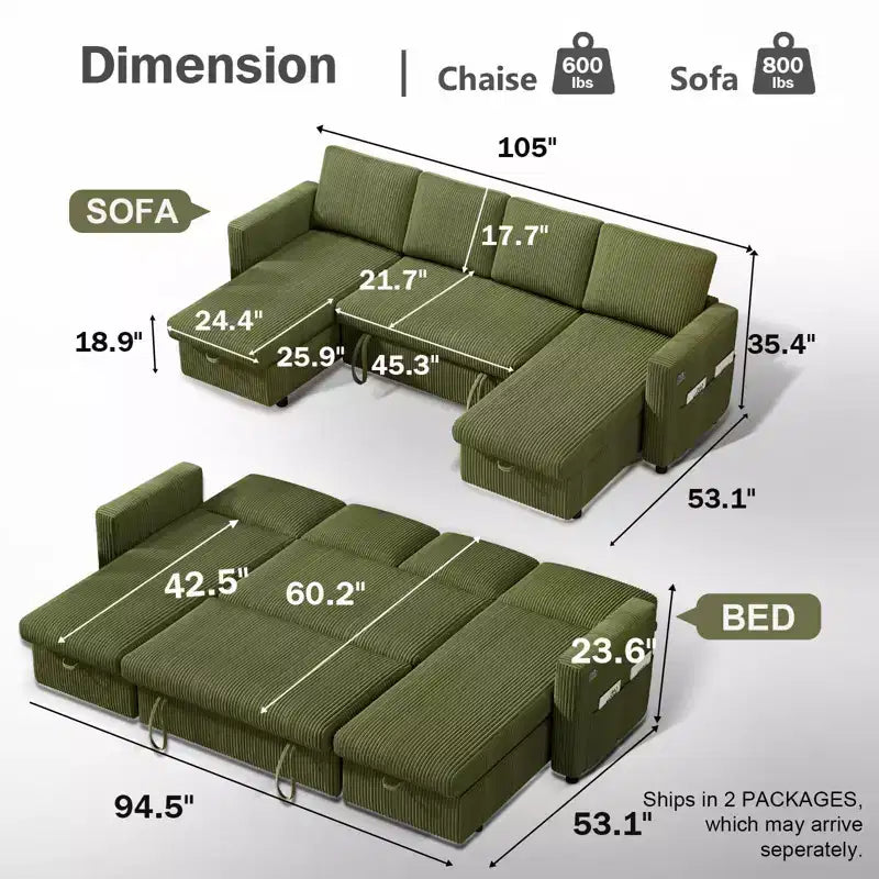 Canapé d'angle convertible Dyonery 105 avec lit gigogne, canapé-lit en U avec dossier inclinable/USB, assemblage sans outils, velours côtelé gris