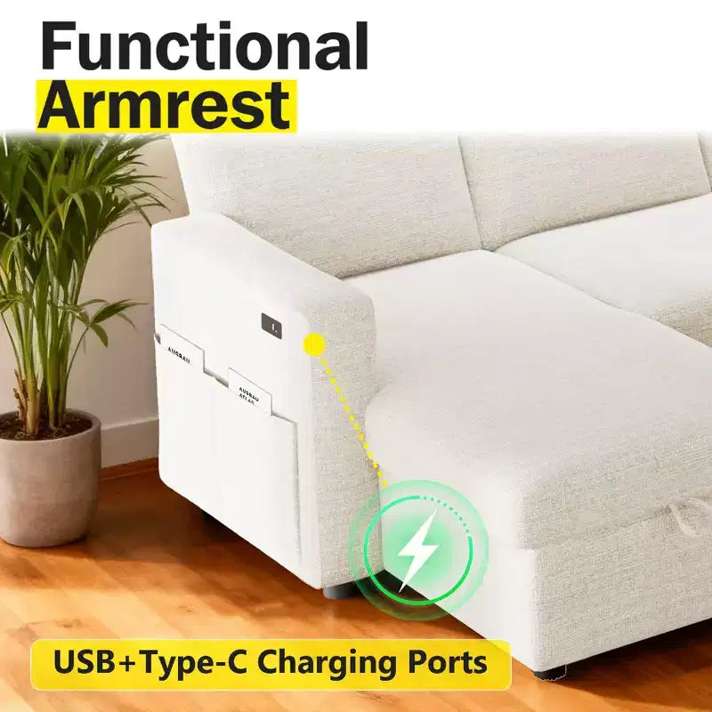 Canapé d'angle convertible Dyonery 105 avec lit gigogne, canapé-lit en U avec dossier inclinable/USB, assemblage sans outils, velours côtelé gris