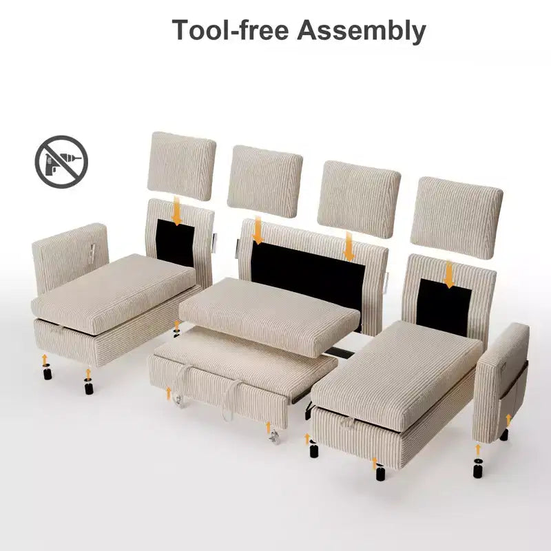 Canapé d'angle convertible Dyonery 105 avec lit gigogne, canapé-lit en U avec dossier inclinable/USB, assemblage sans outils, velours côtelé gris