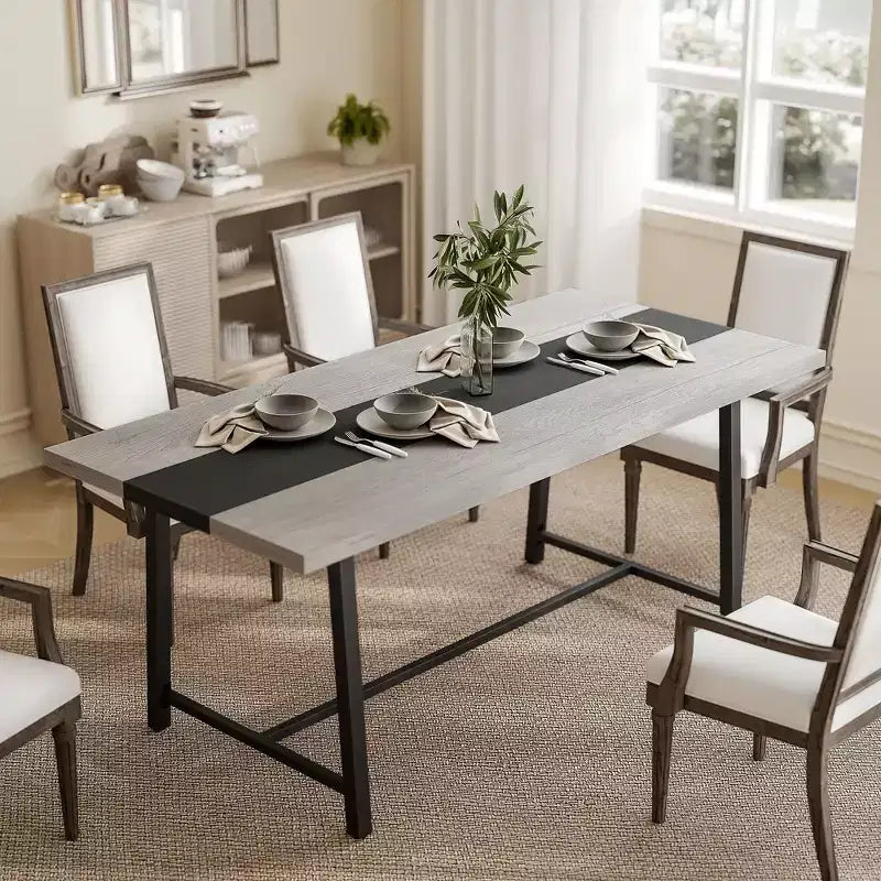 Table de cuisine industrielle pour 8 personnes, table de salle à manger de 180 cm de long avec grand plateau et pieds en acier pour salle à manger