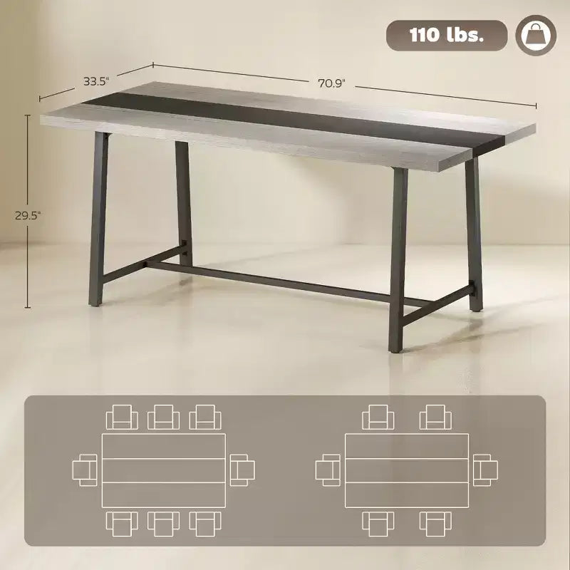 Table de cuisine industrielle pour 8 personnes, table de salle à manger de 180 cm de long avec grand plateau et pieds en acier pour salle à manger