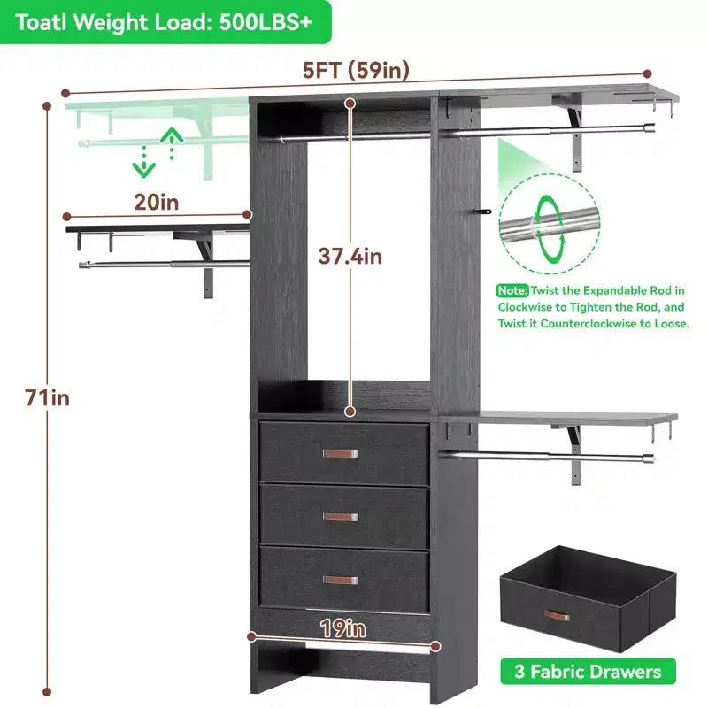Système d'organisation de placard Besiost 5FT avec tiroirs en tissu, penderie de placard avec tringles de suspension